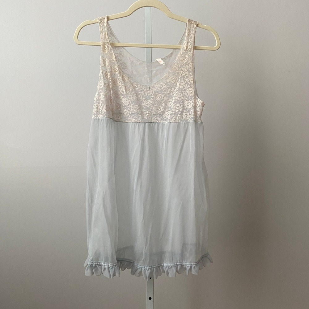 Vintage S Blue 60s Lace Bodice Sheer Babydoll Nightgown Ruffle Hem Lingerie